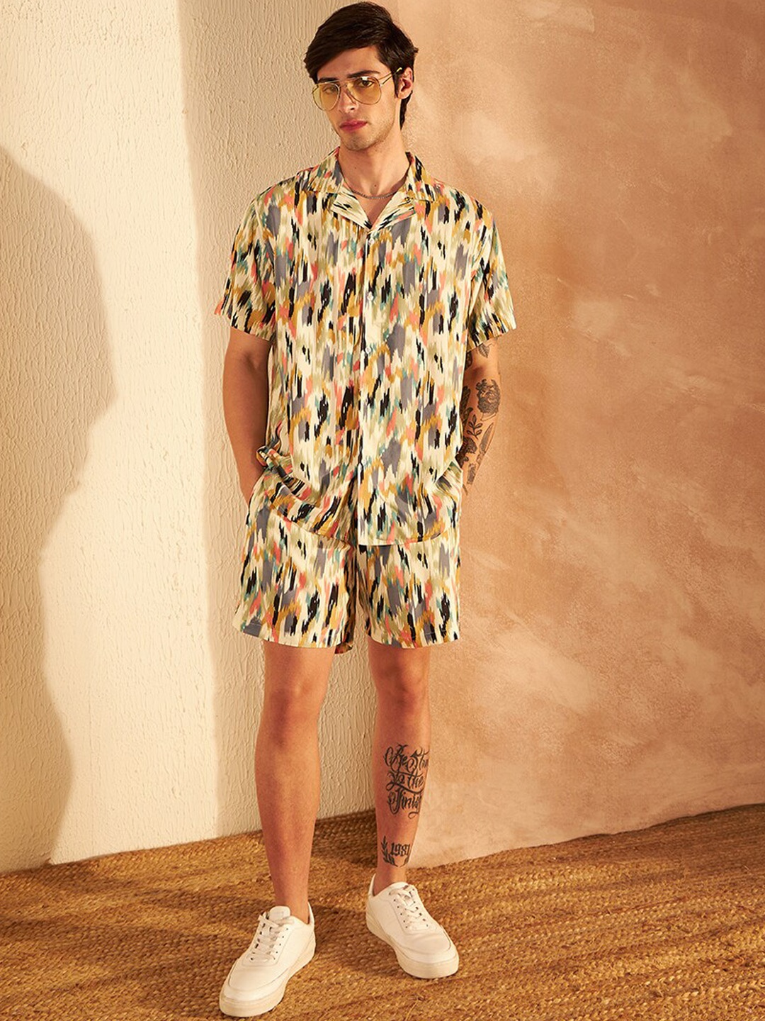 

DENNISON Abstract Printed Cuban Collar Shirt & Short, Beige