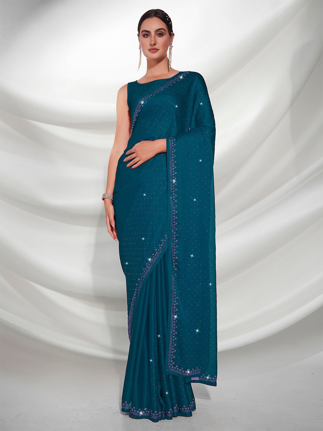 

Kalista Embellished Beads and Stones Detail Satin Saree, Teal