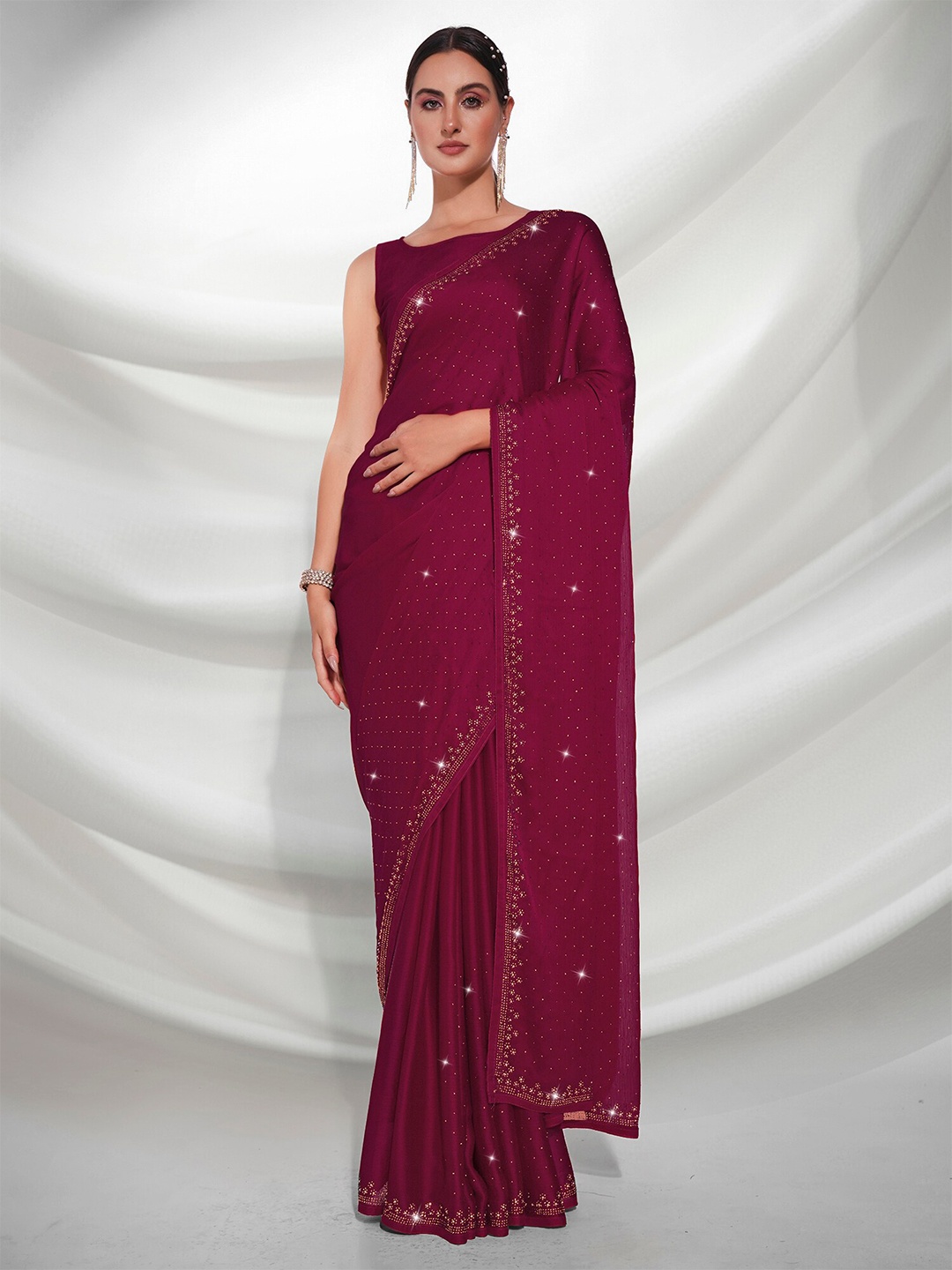 

Kalista Embellished Beads and Stones Detail Satin Saree, Maroon