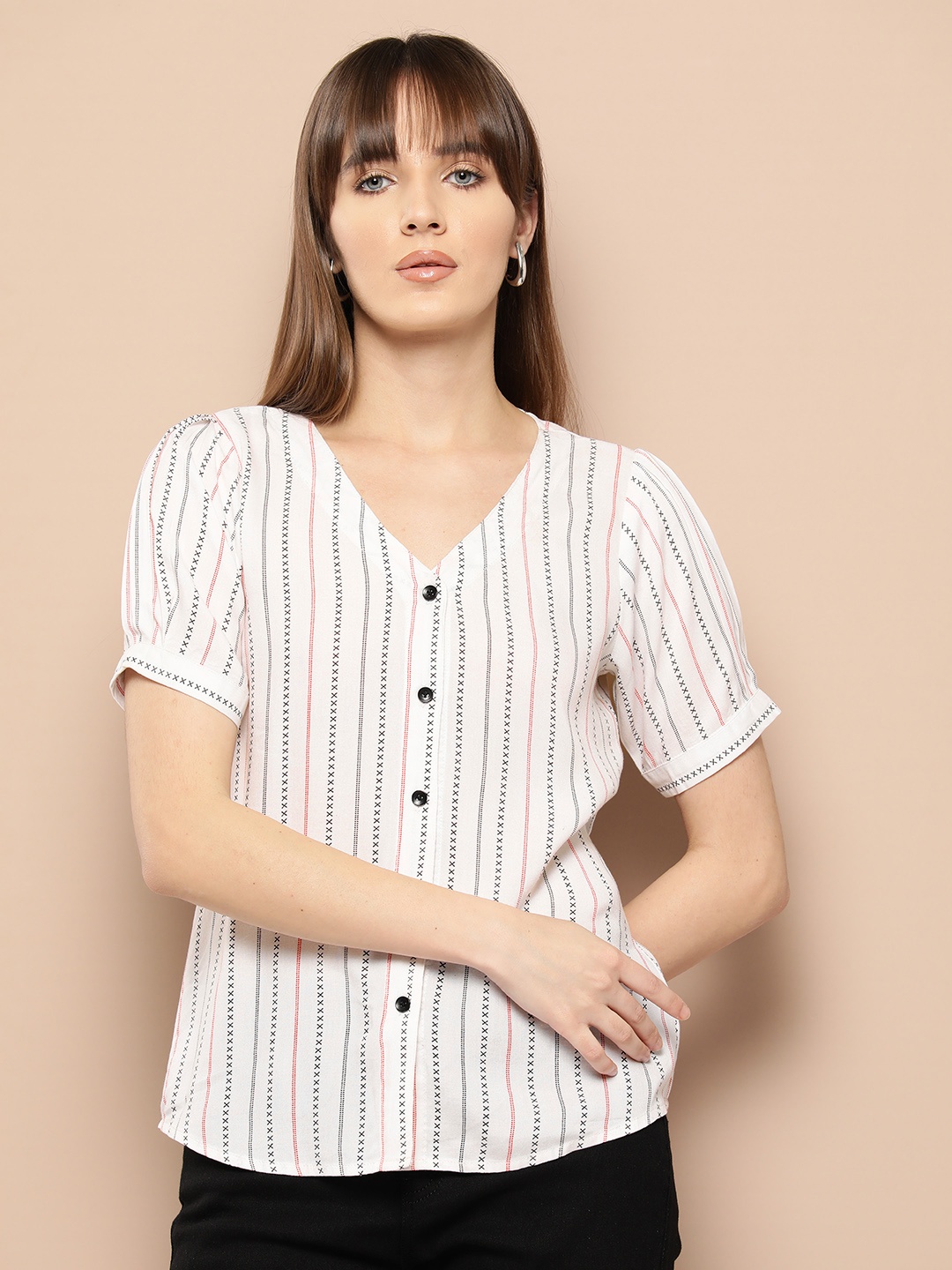 

Chemistry Striped Puff Sleeve Shirt Style Top, White