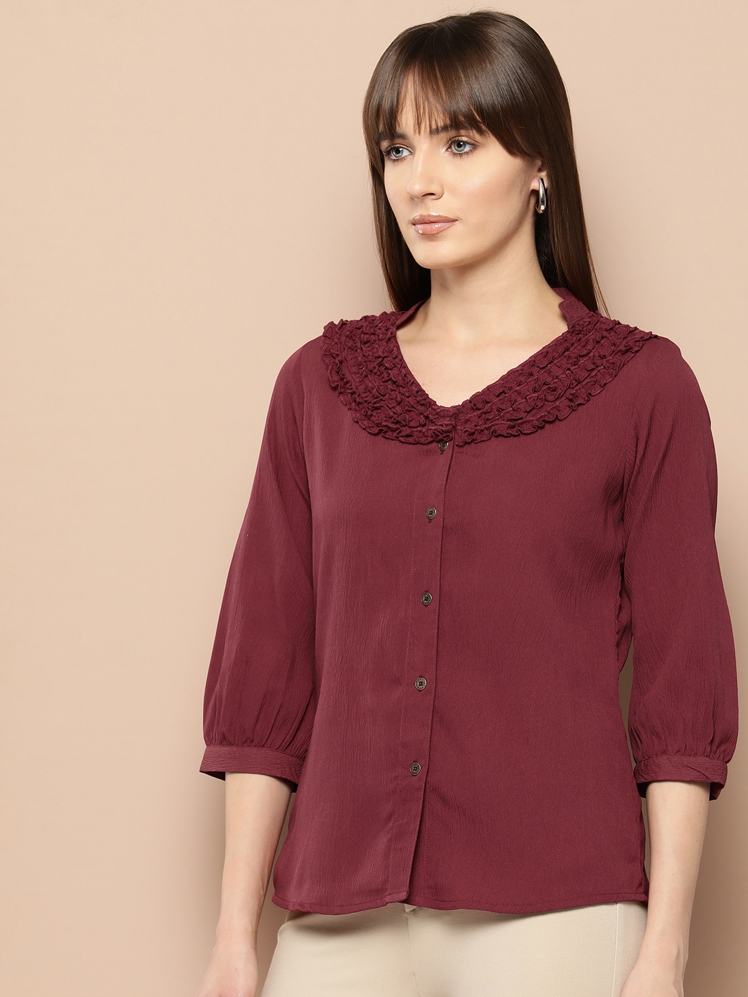 

Chemistry Women Puff Sleeve Ruffles Crepe Shirt Style Top, Maroon