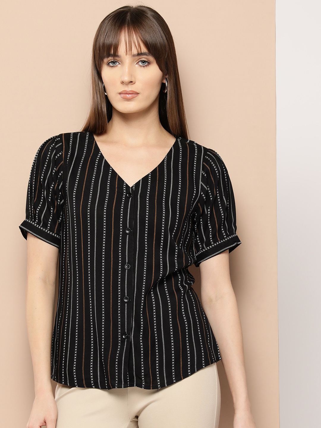 

Chemistry Striped Shirt Style Top, Black