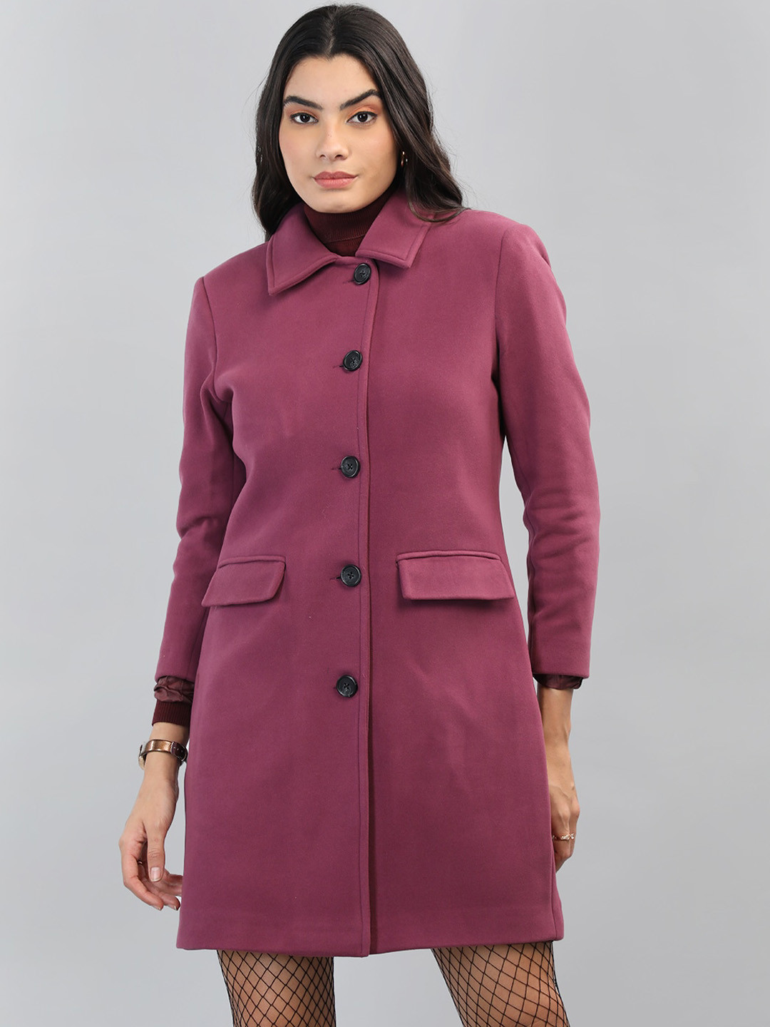 

Chemistry Spread Collar Single Breasted Longline Woollen Overcoat, Purple