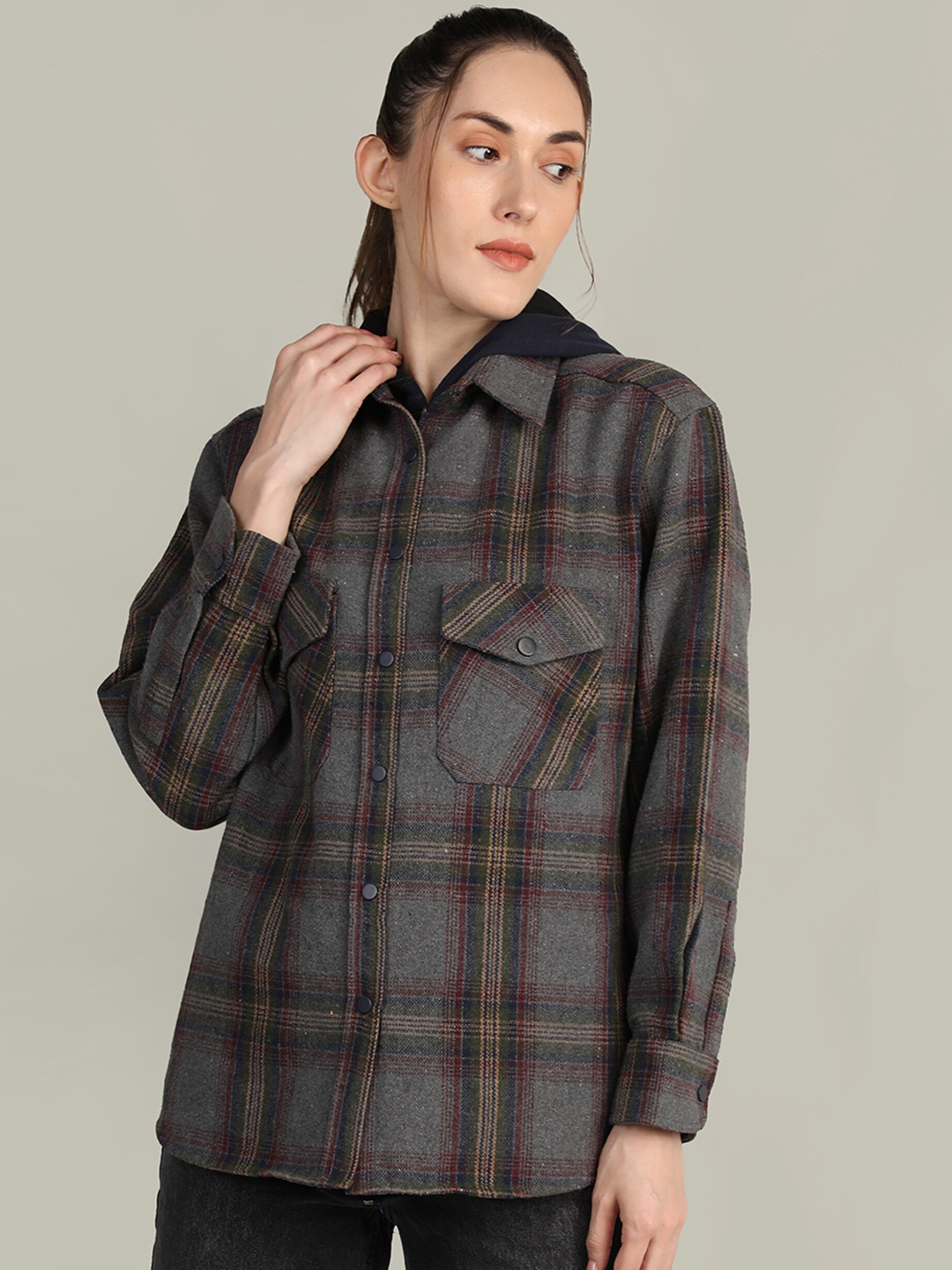 

Chemistry Checked Lightweight Long Sleeves Hooded Tailored Jacket, Grey