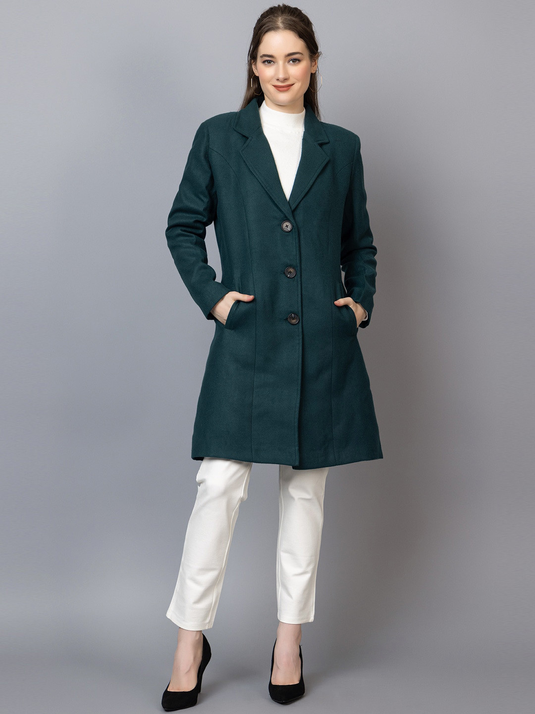 

Chemistry Notched Lapel Collar Single Breasted Longline Overcoat, Green