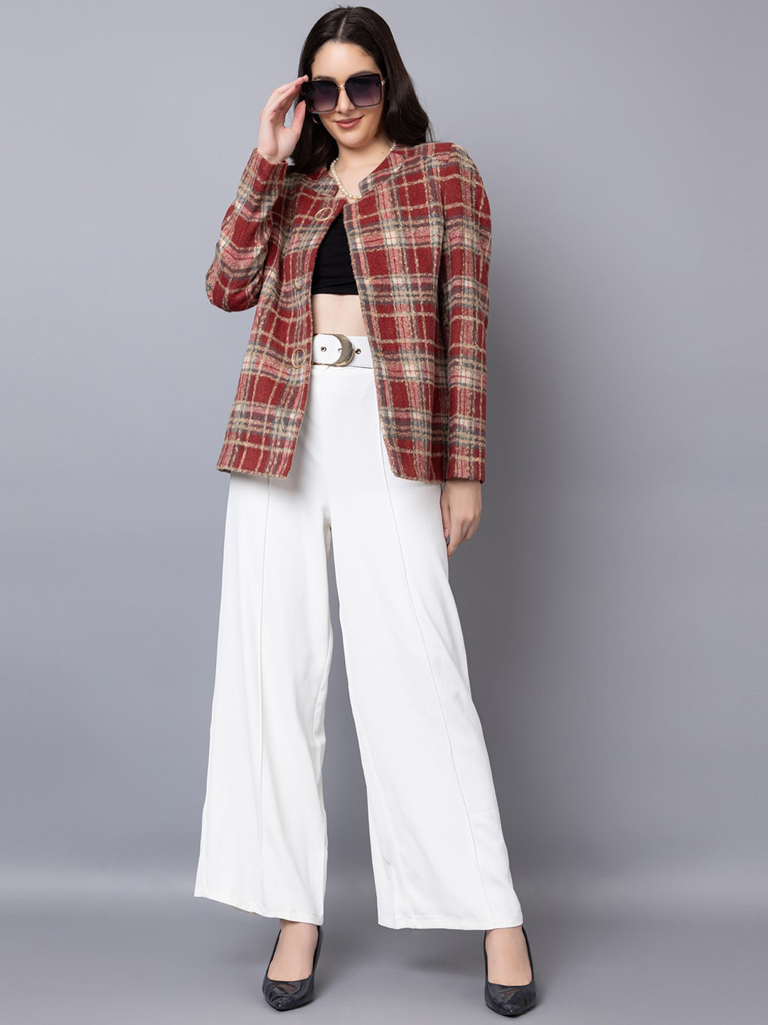 

Chemistry Checked Long Sleeves Pea Coat, Maroon