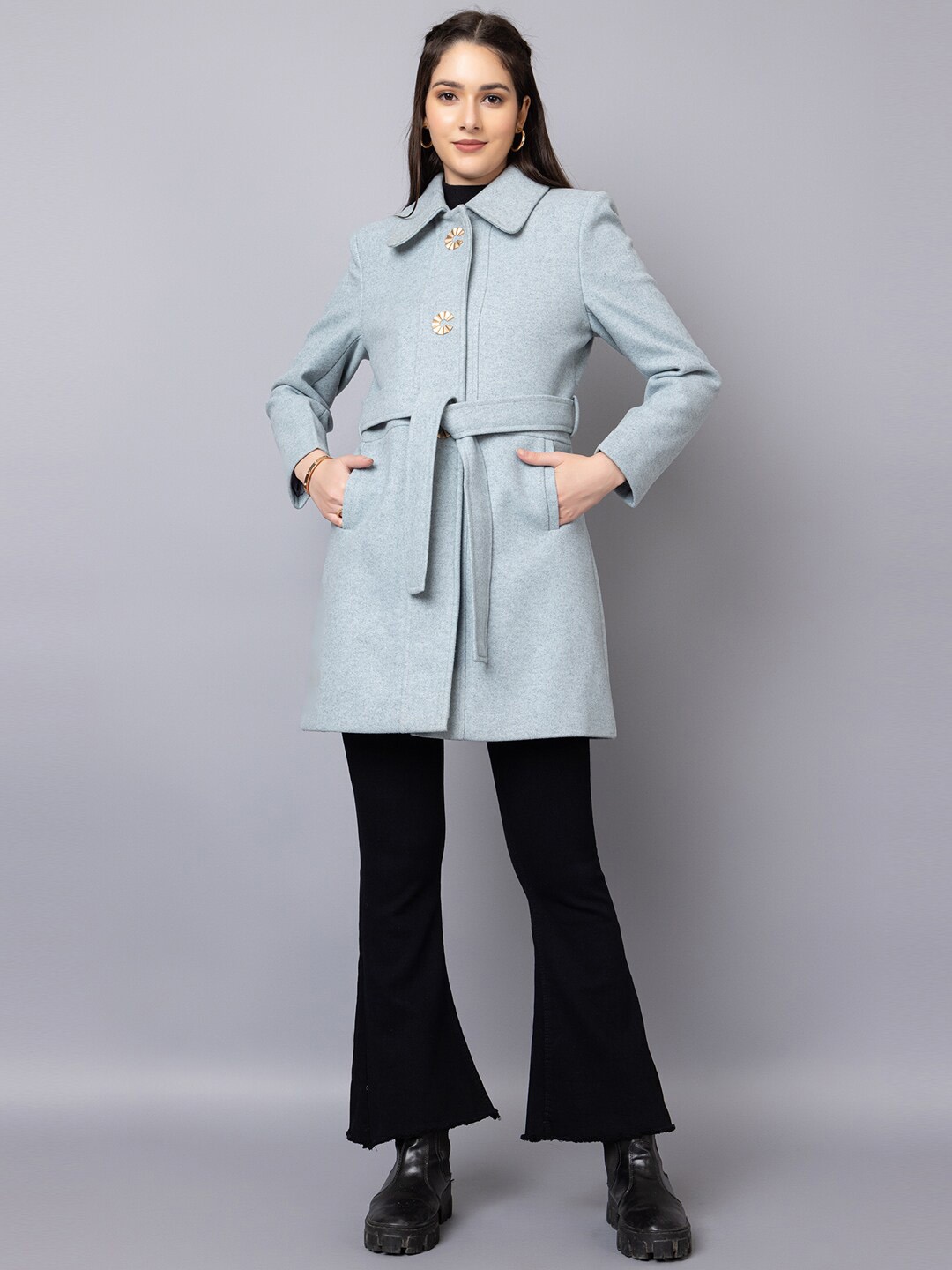 

Chemistry Spread Collar Single Breasted Longline Overcoat With Belt, Blue