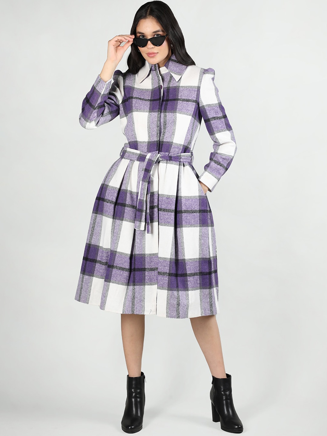 

Chemistry Checked Spread Collar Longline Trench Coat, Purple