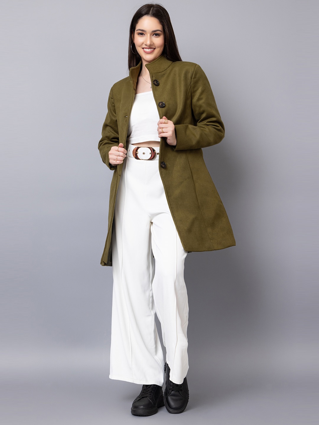 

Chemistry Stand Collar Long Sleeves Longline Tailored Jacket, Olive