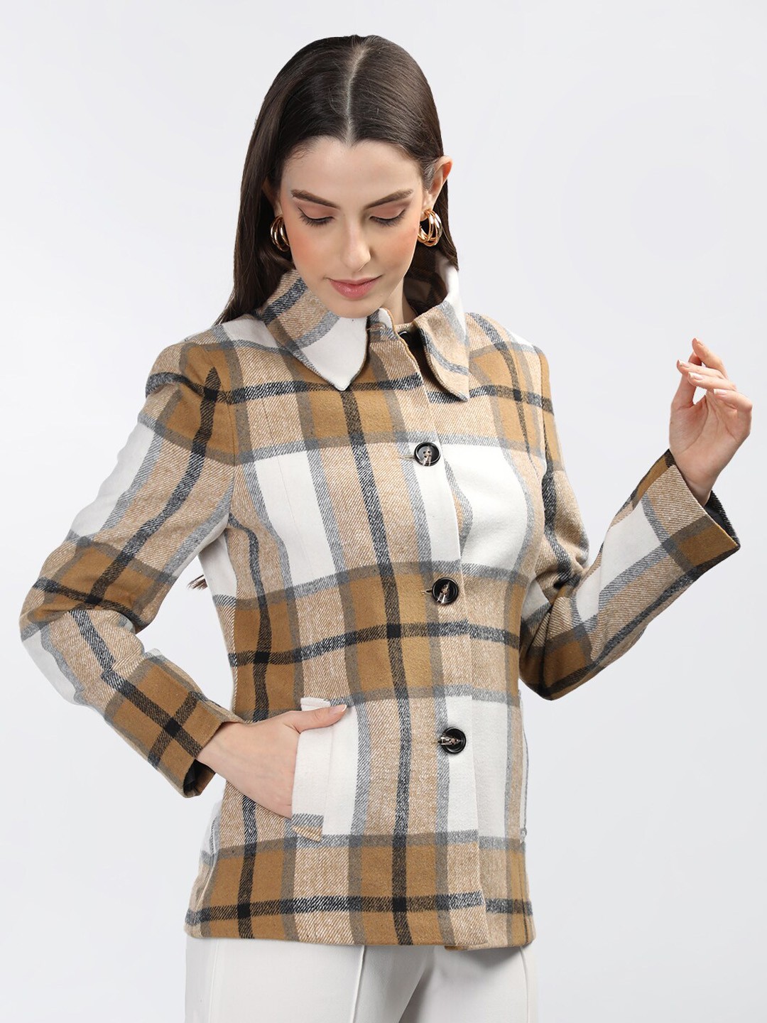 

Chemistry Checked Spread Collar Single Breasted Overcoat, Camel brown