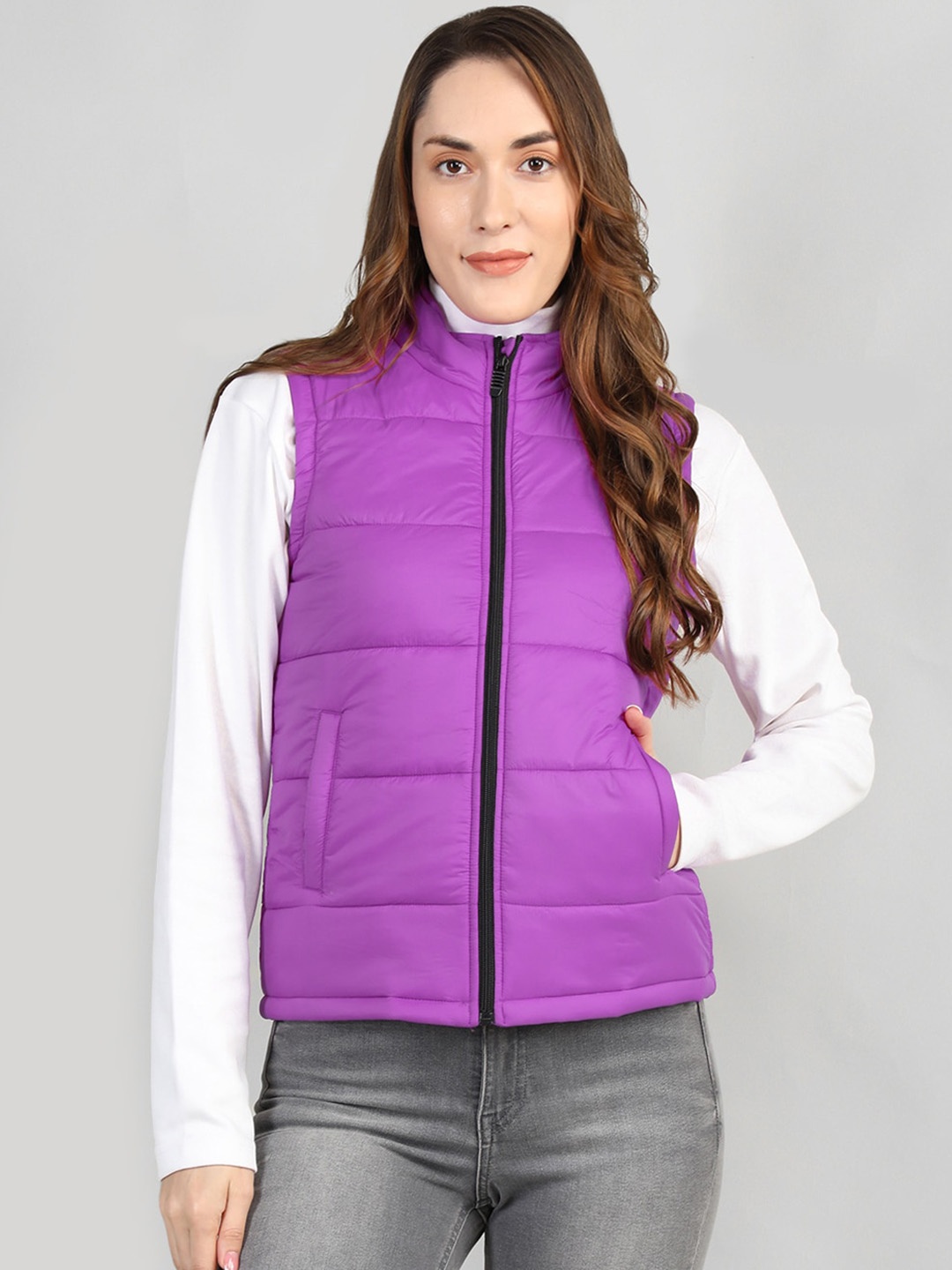 

Chemistry Lightweight Mock Collar Sleeveless Bomber Jacket, Fuchsia