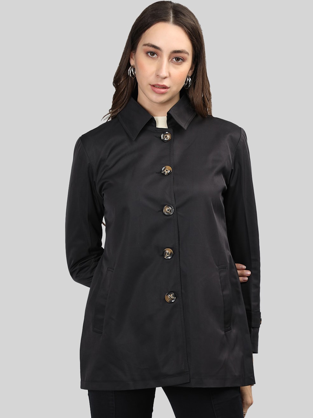 

Chemistry Spread Collar Long Sleeves Single Breasted Trench Coat, Black