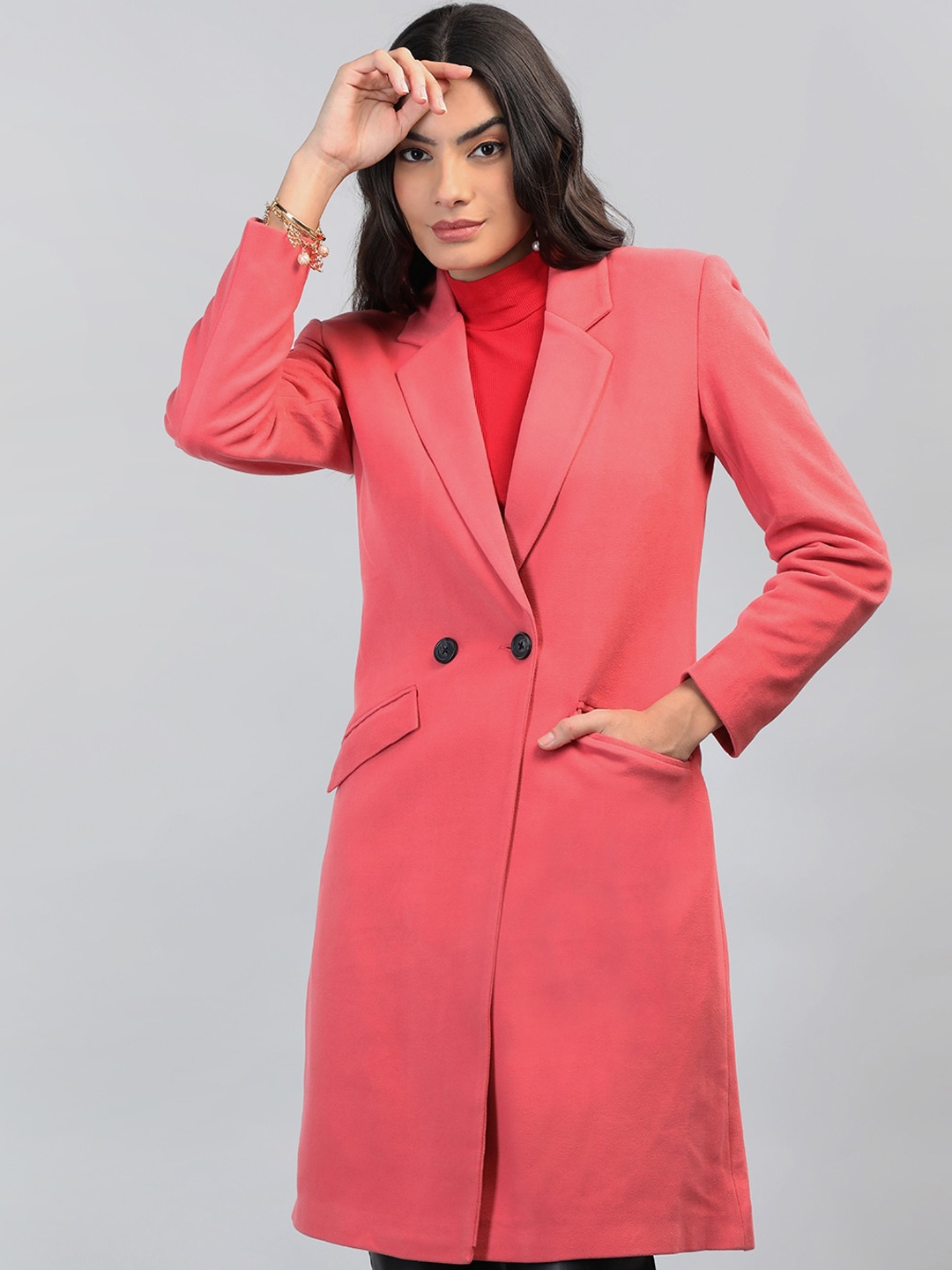 

Chemistry Notched Lapel Collar Double Breasted Longline Overcoat, Pink