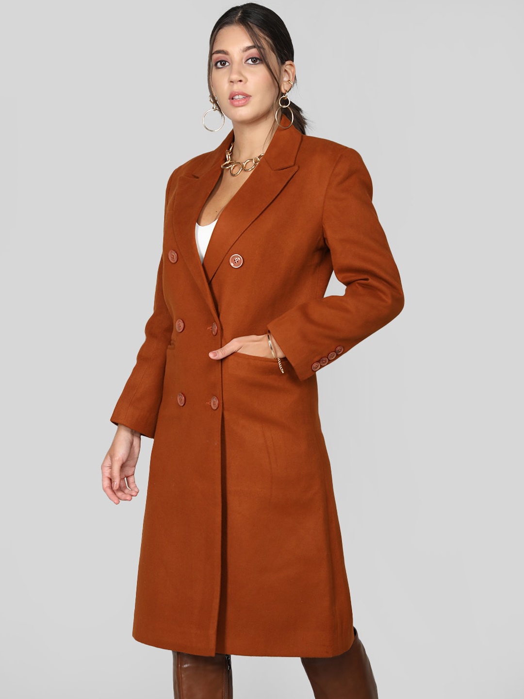 

Chemistry Notched Lapel Collar Double Breasted Longline Coat, Brown