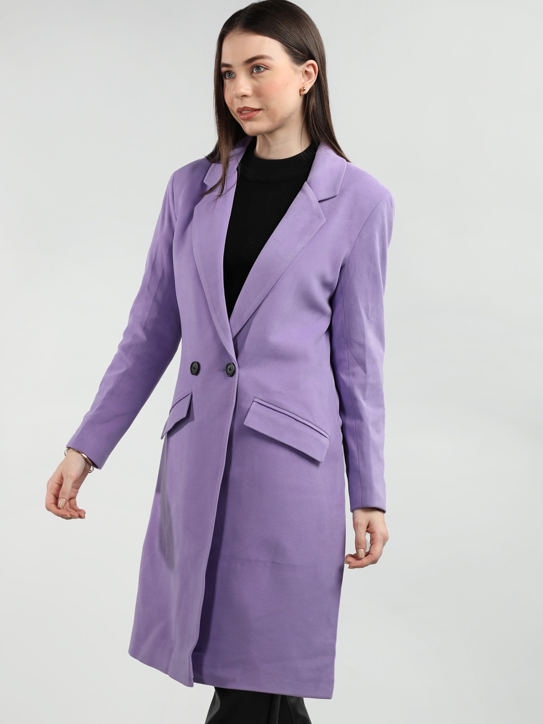 

Chemistry Notched Lapel Collar Double Breasted Longline Overcoat, Lavender