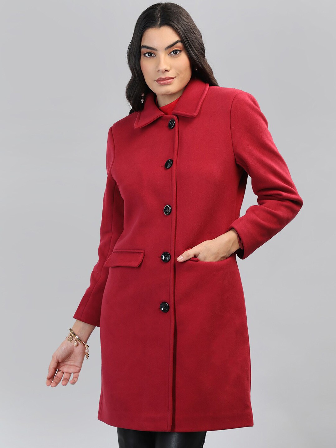 

Chemistry Spread Collar Single Breasted Longline Woollen Overcoat, Red