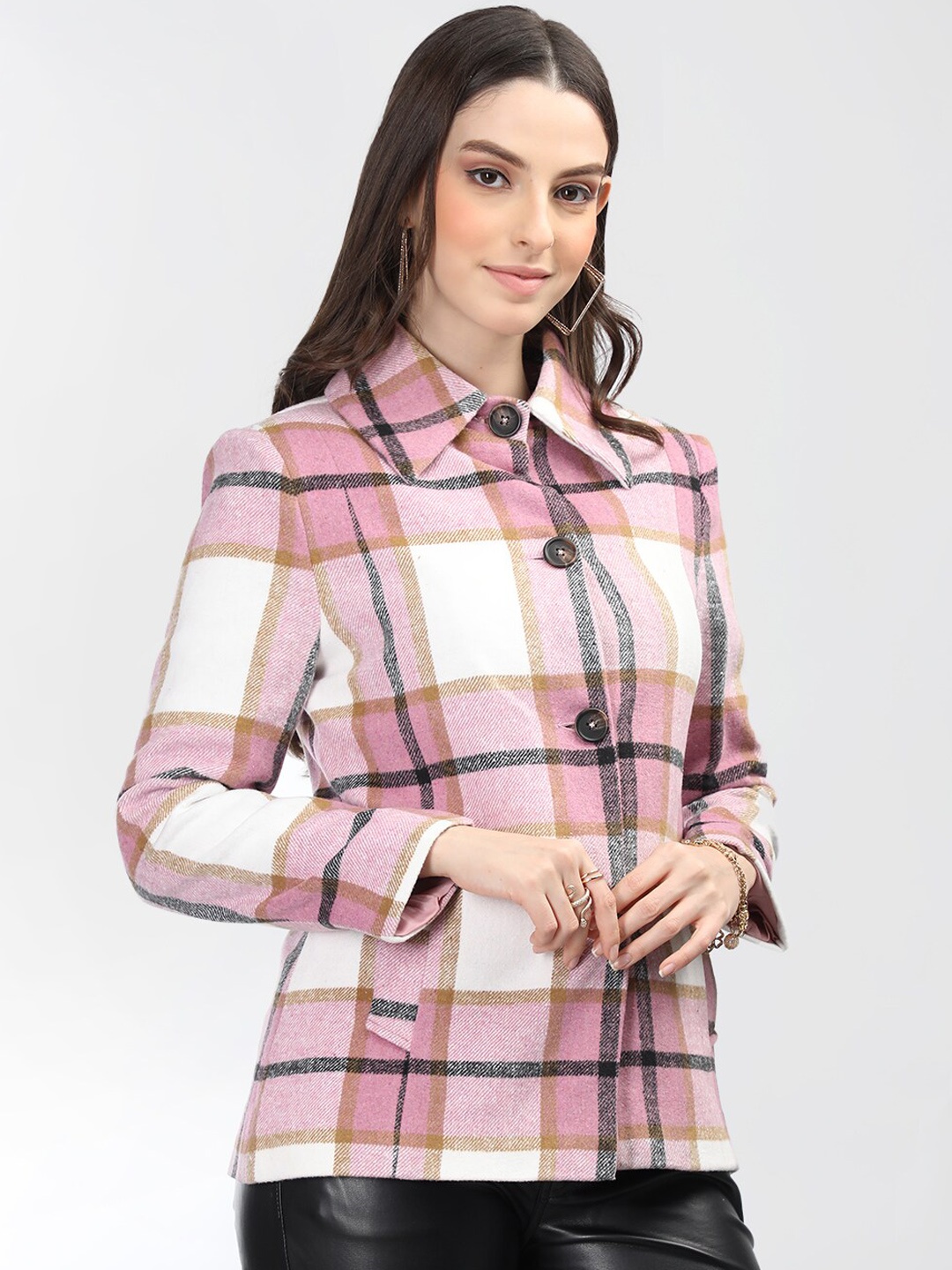 

Chemistry Checked Spread Collar Single Breasted Overcoat, Pink