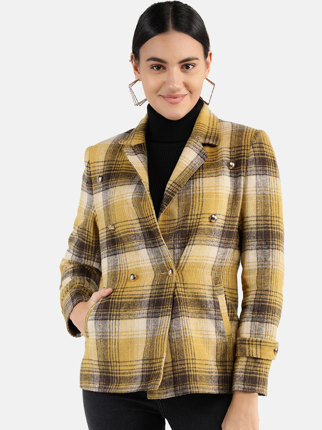 

Chemistry Checked Notched Lapel Double Breasted Blazer, Mustard