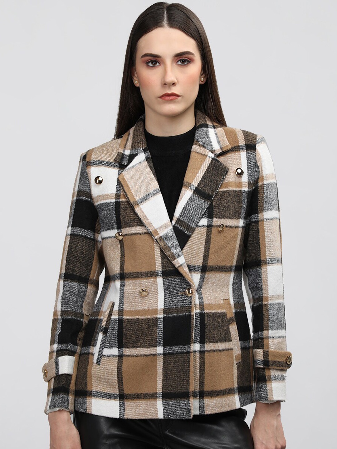 

Chemistry Checked Notched Lapel Collar Double Breasted Trench Coat, Brown