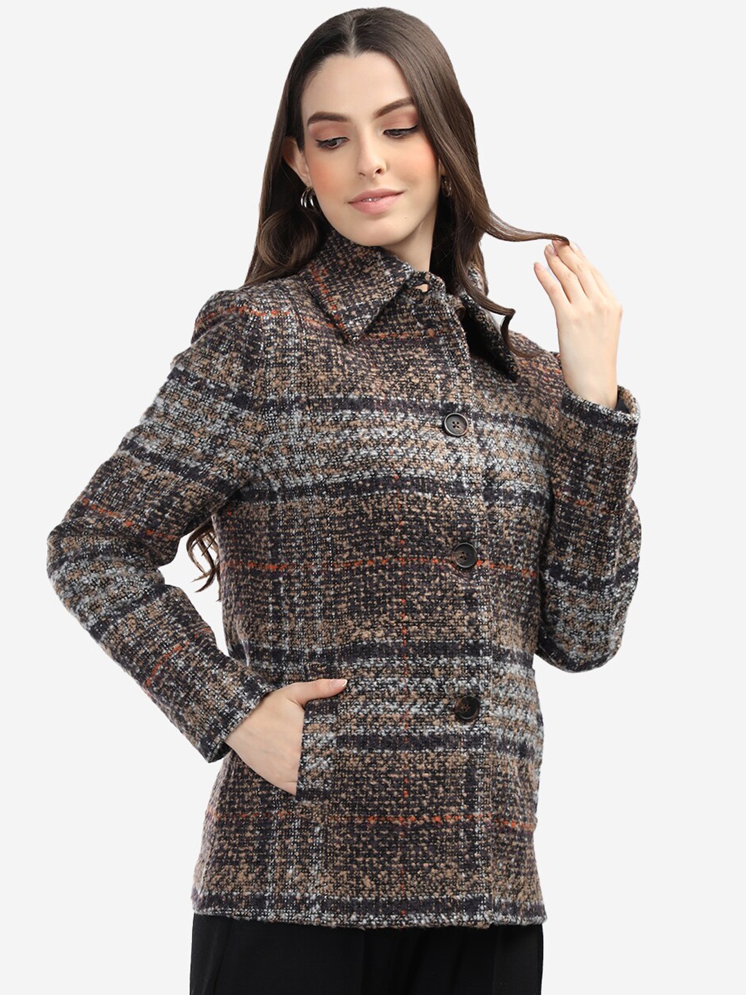 

Chemistry Checked Spread Collar Single Breasted Overcoat, Brown