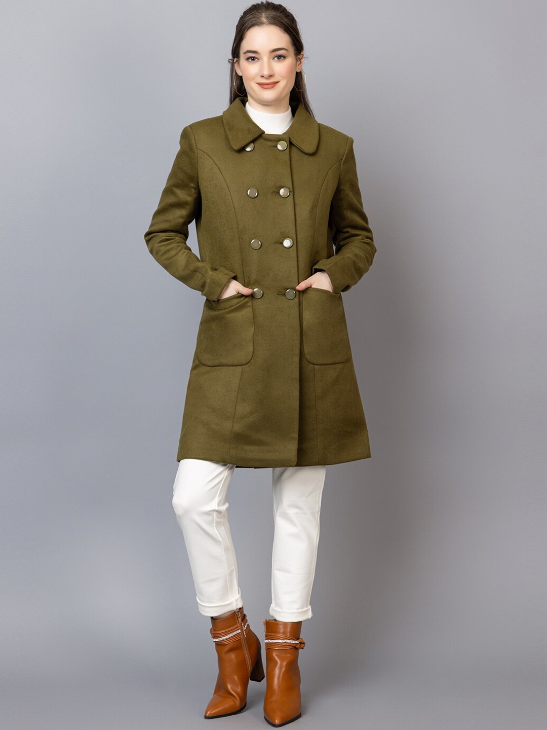 

Chemistry Spread Collar Double Breasted Longline Trench Coat, Olive