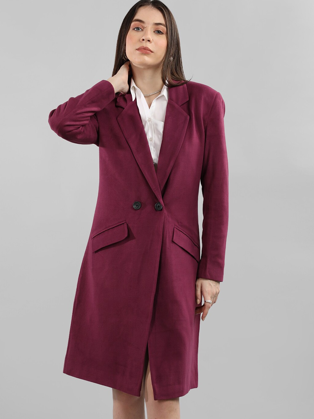 

Chemistry Notched Lapel Collar Double Breasted Longline Overcoat, Purple