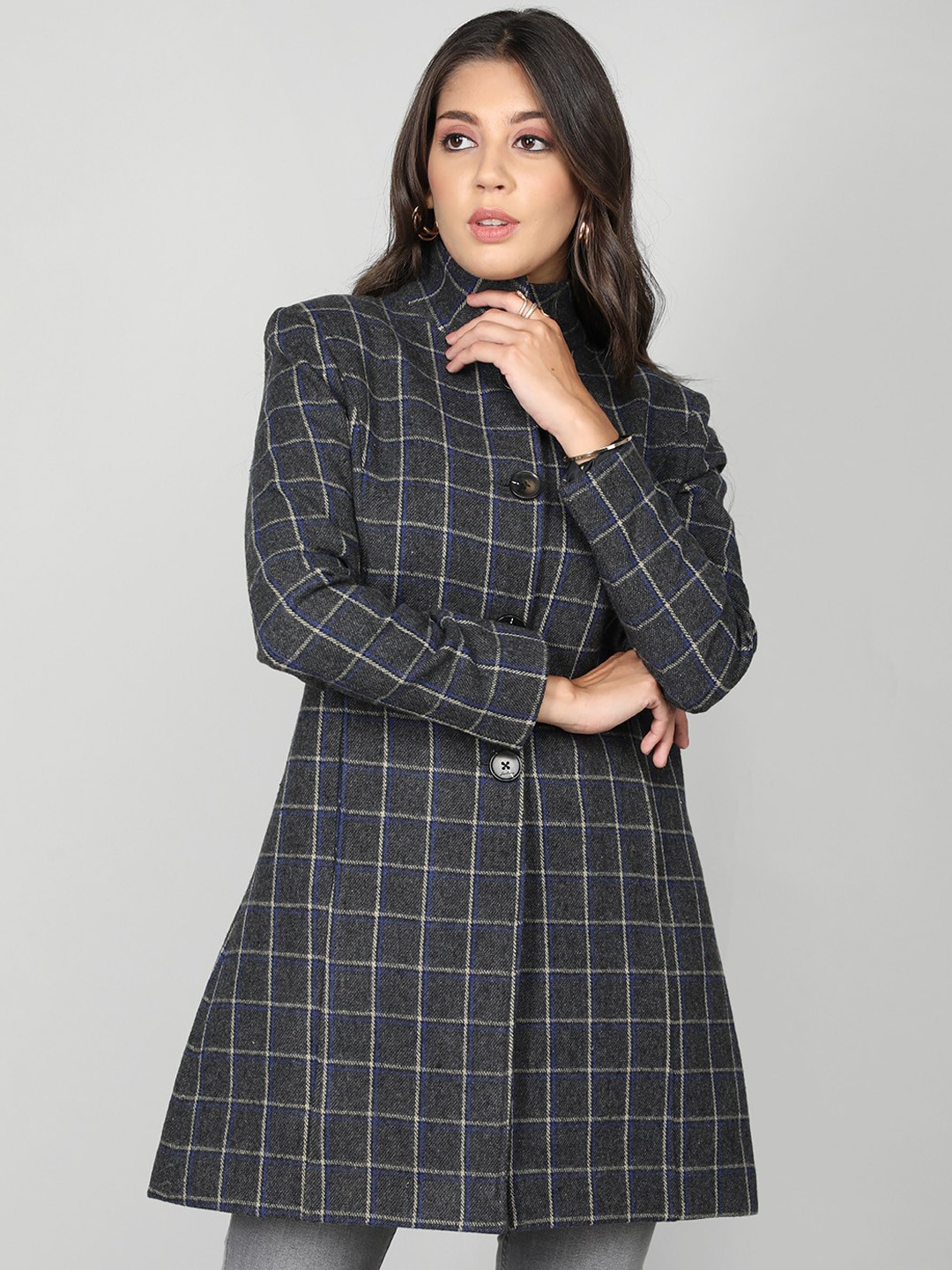 

Chemistry Checked Mock Collar Long Sleeves Single Breasted Overcoat, Grey