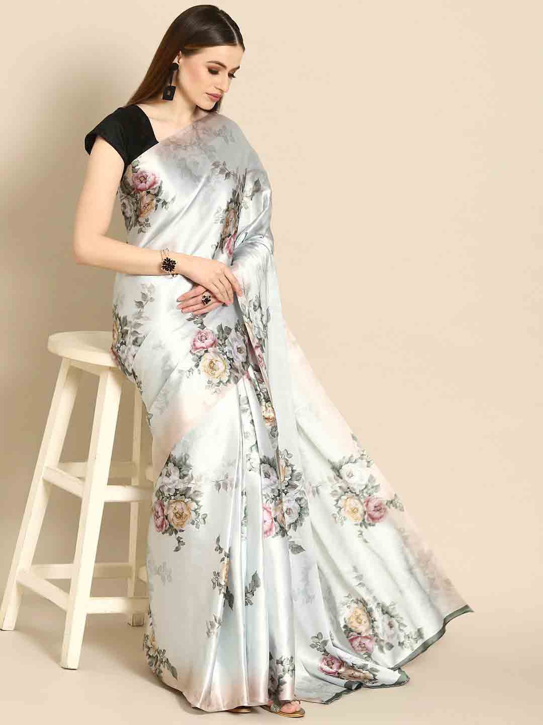 

Stylefables Floral Printed Poly Georgette Saree, White