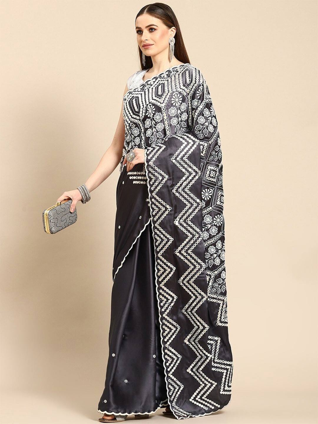 

Stylefables Ethnic Motifs Mirror Work Embroidered Saree, Black