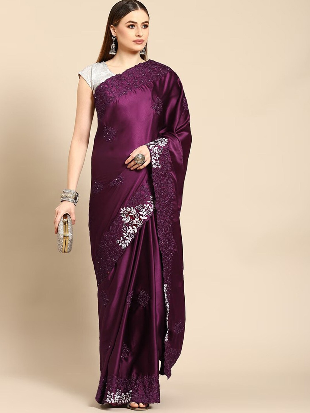 

Stylefables Floral Embroidered Poly Georgette Saree, Maroon