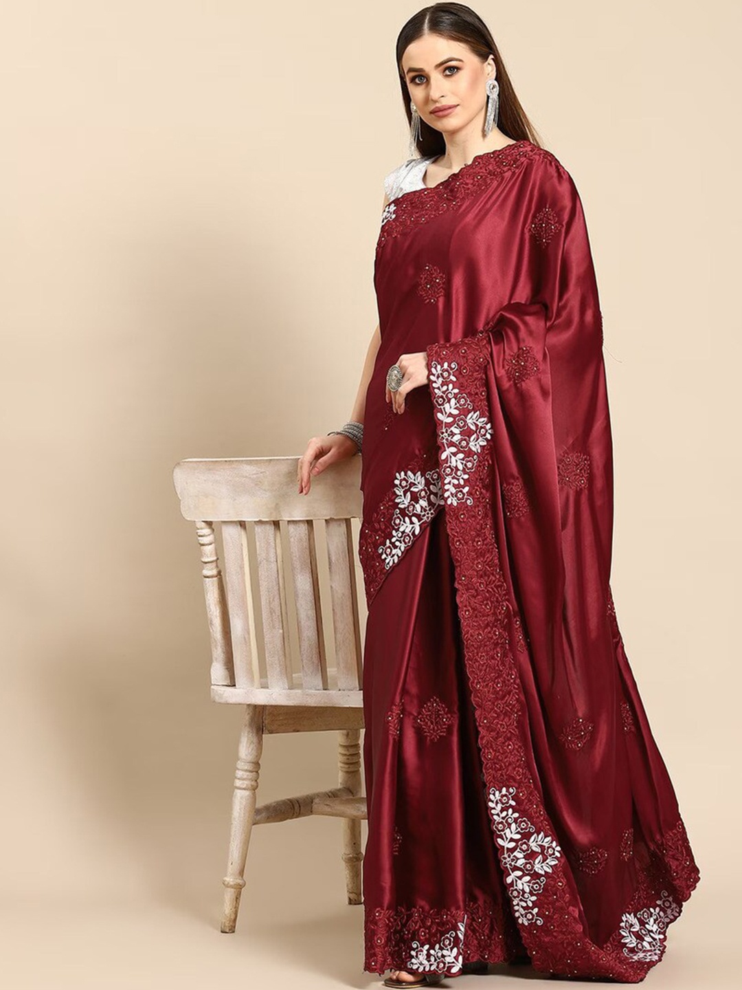 

Stylefables Floral Embroidered Beads & Stones Saree, Maroon