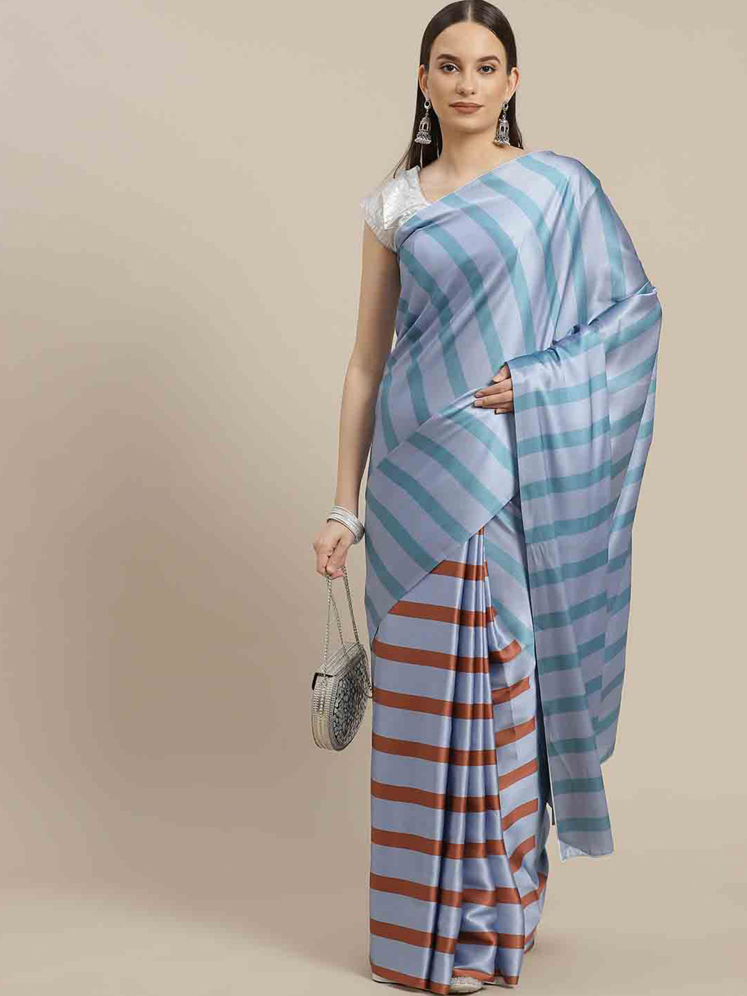 

Stylefables Striped Poly Georgette Saree, Blue