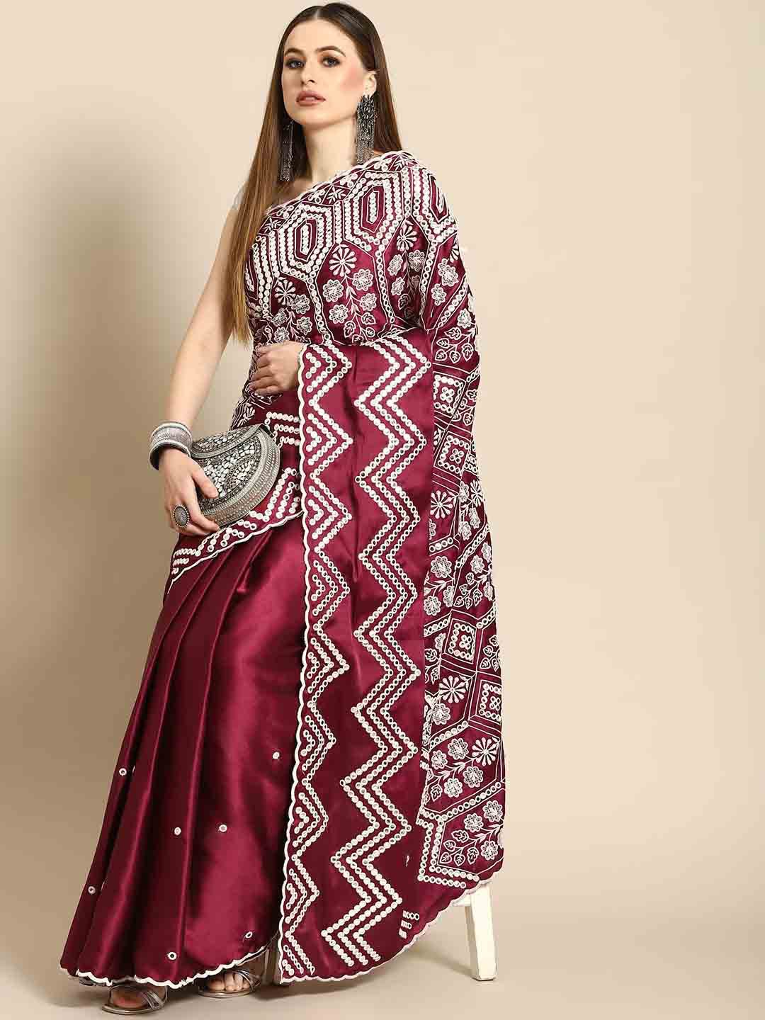 

Stylefables Ethnic Motifs Mirror Work Embroidered Saree, Maroon