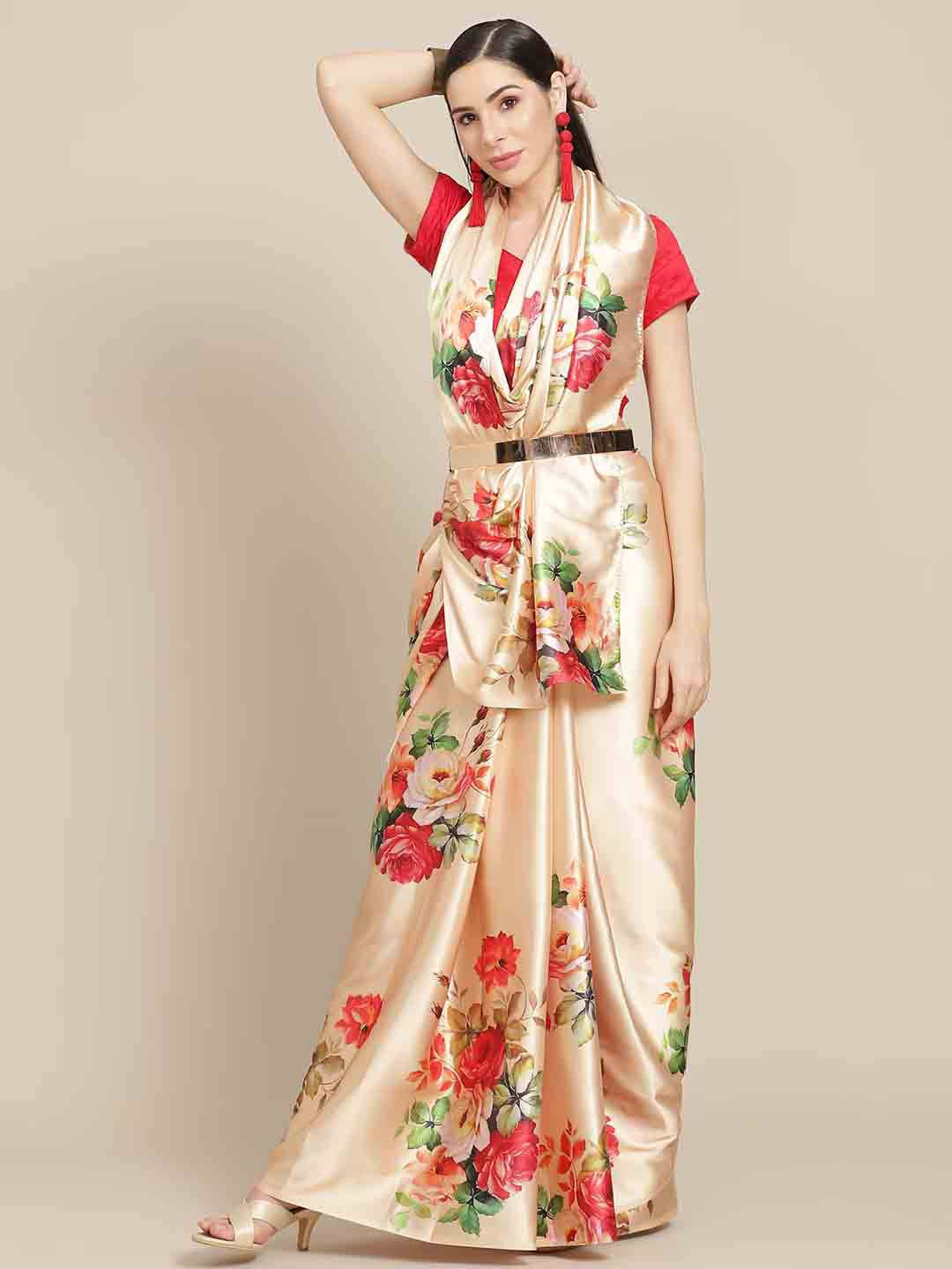 

Stylefables Floral Printed Poly Georgette Saree, Cream