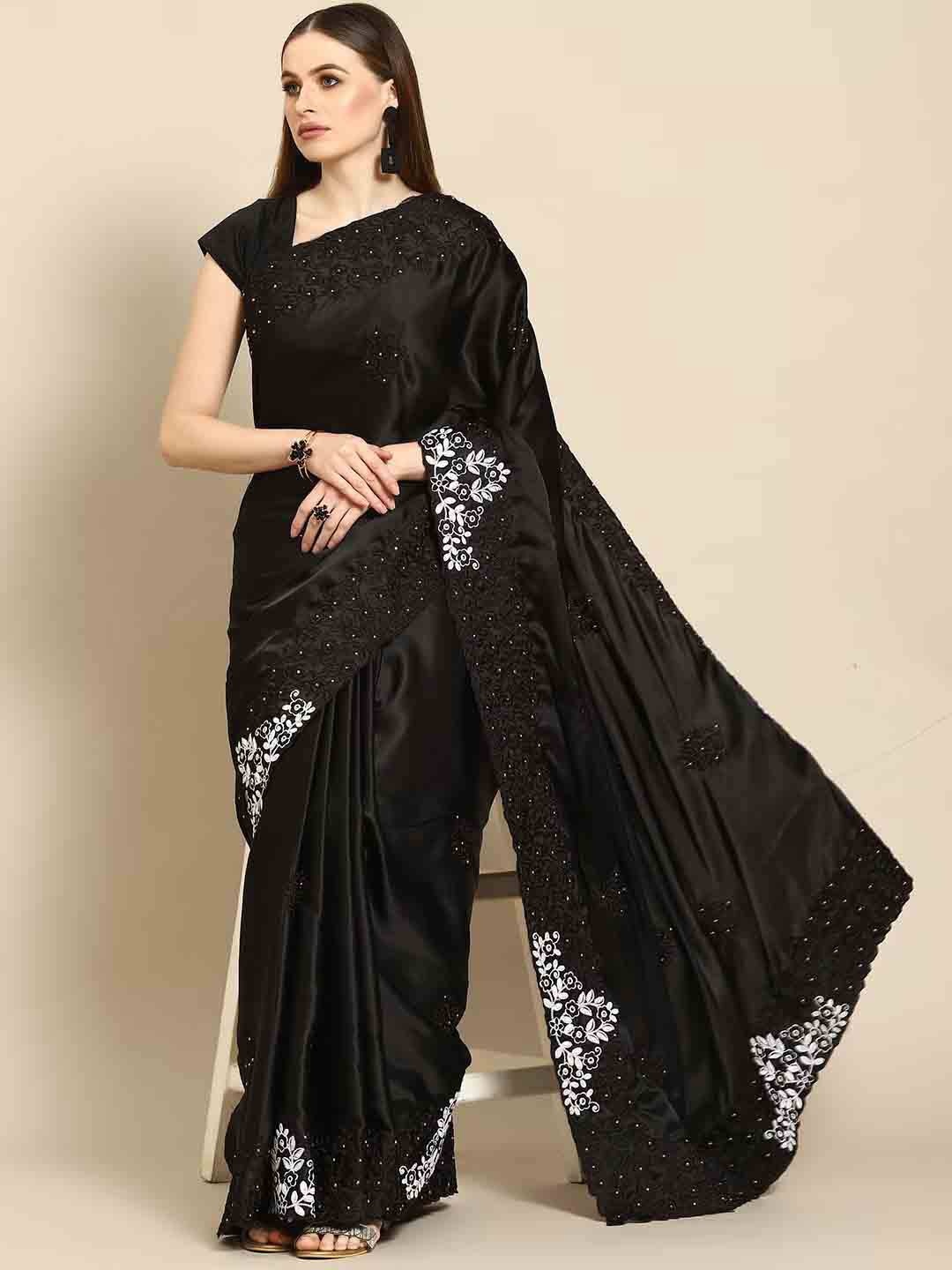 

Stylefables Floral Embroidered Beads and Stones Saree, Black