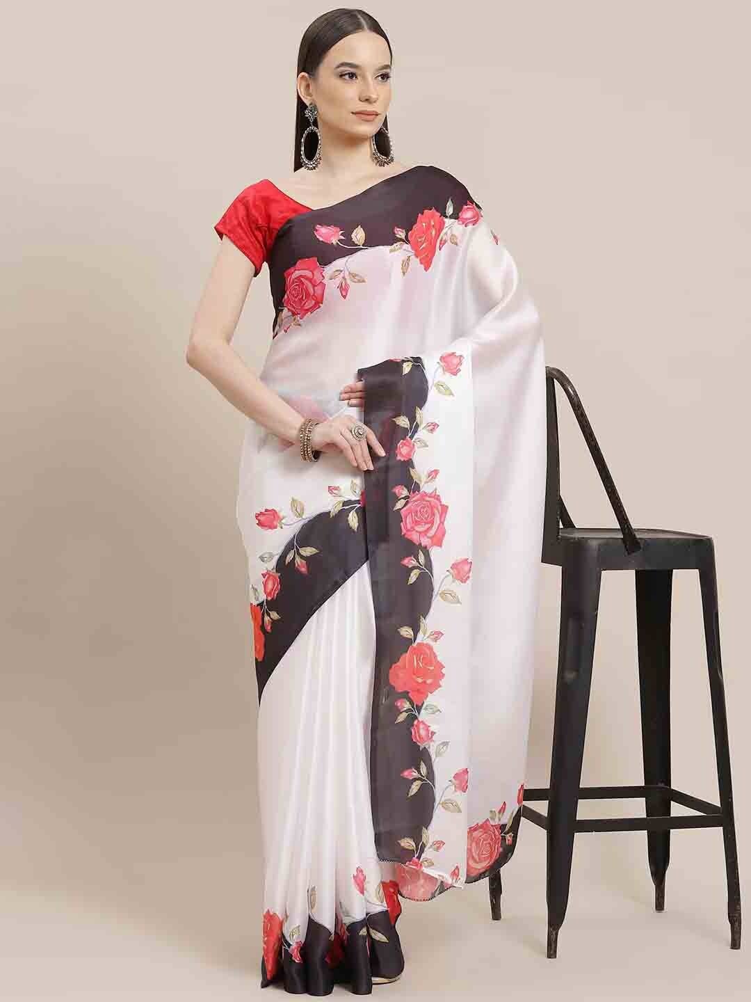 

Stylefables Floral Printed Poly Georgette Saree, White