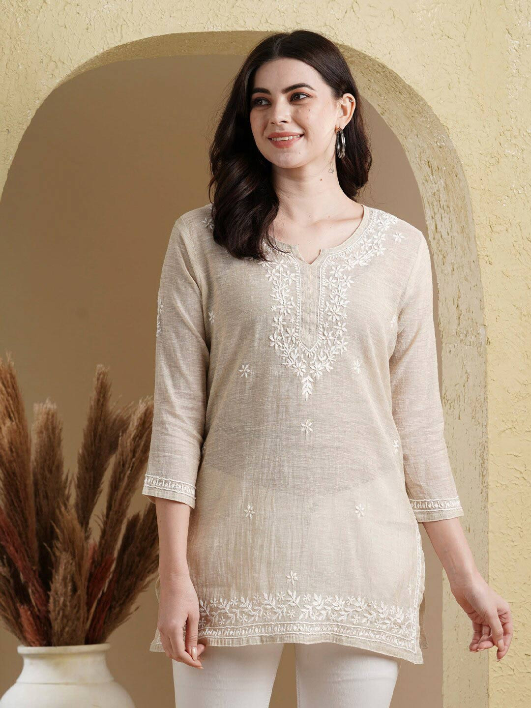 

ADA Ethnic Motifs Embroidered Chikankari Detail Pure Cotton Straight Kurti, Khaki