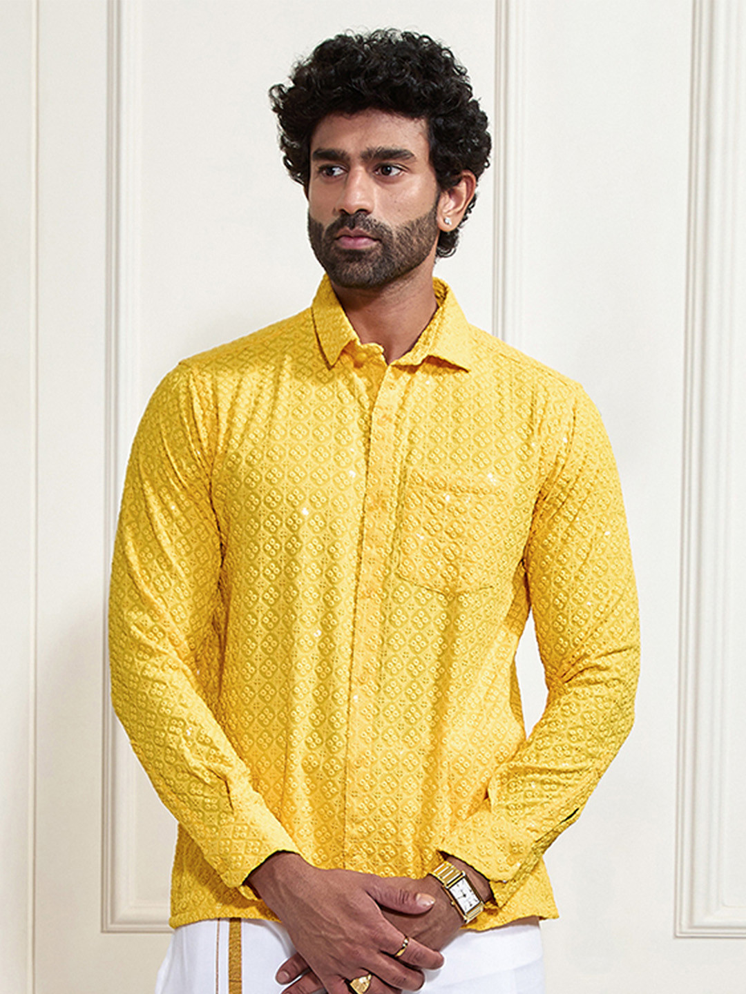 

VASTRAMAY Premium Sequinned Embellished Ethnic Shirt, Yellow