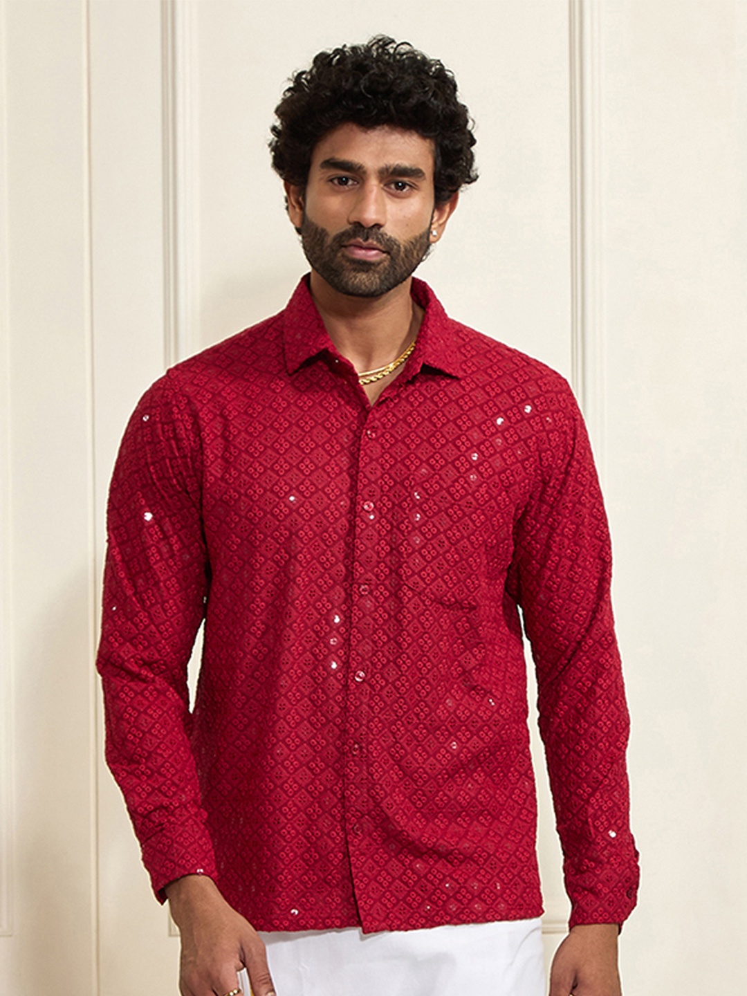 

VASTRAMAY Premium Sequinned Embellished Ethnic Shirt, Maroon