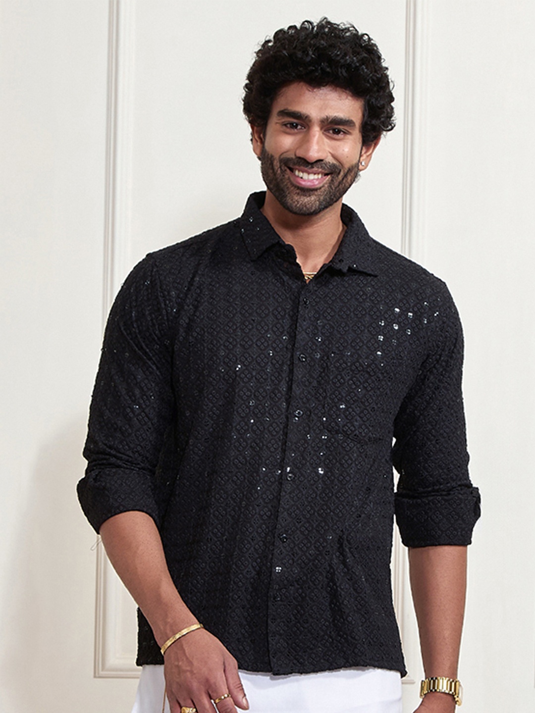 

VASTRAMAY Premium Sequinned Embellished Ethnic Shirt, Black