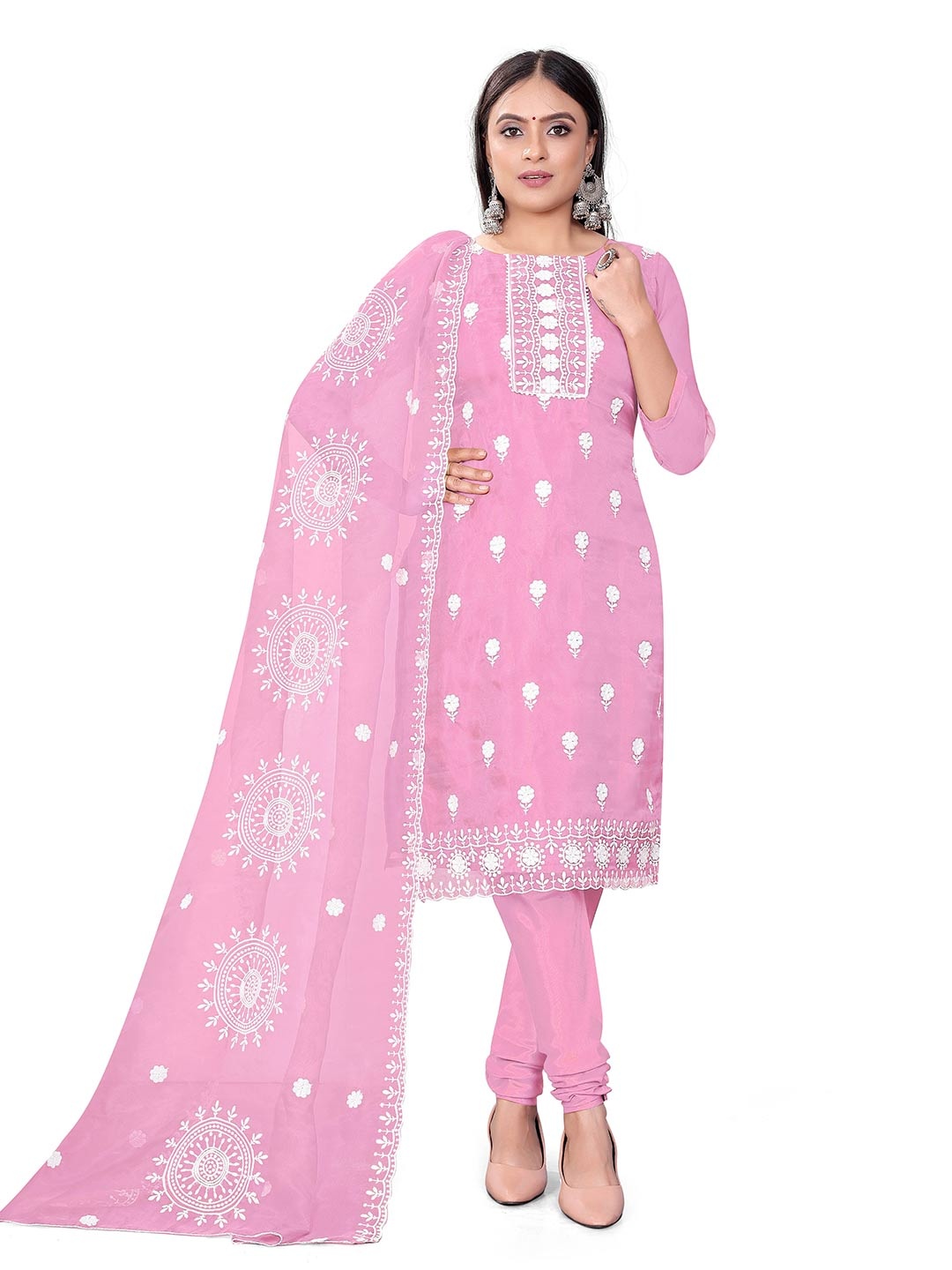 

MANVAA Floral Embroidered Organza Unstitched Dress Material, Pink