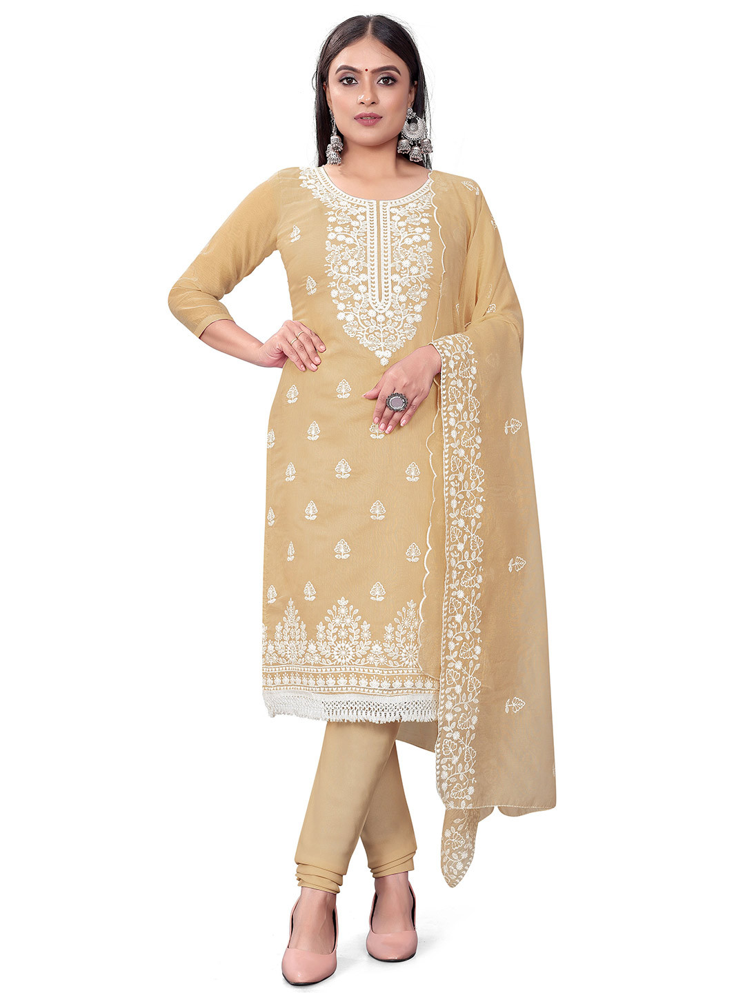 

MANVAA Ethnic Motifs Embroidered Unstitched Dress Material, Beige