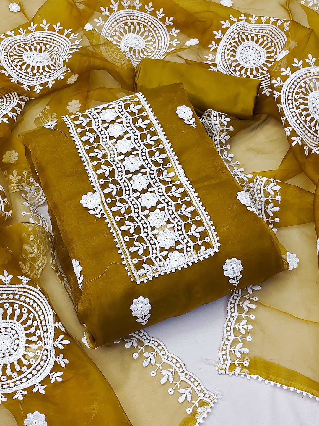 

MANVAA Ethnic Motifs Embroidered Organza Unstitched Dress Material, Green