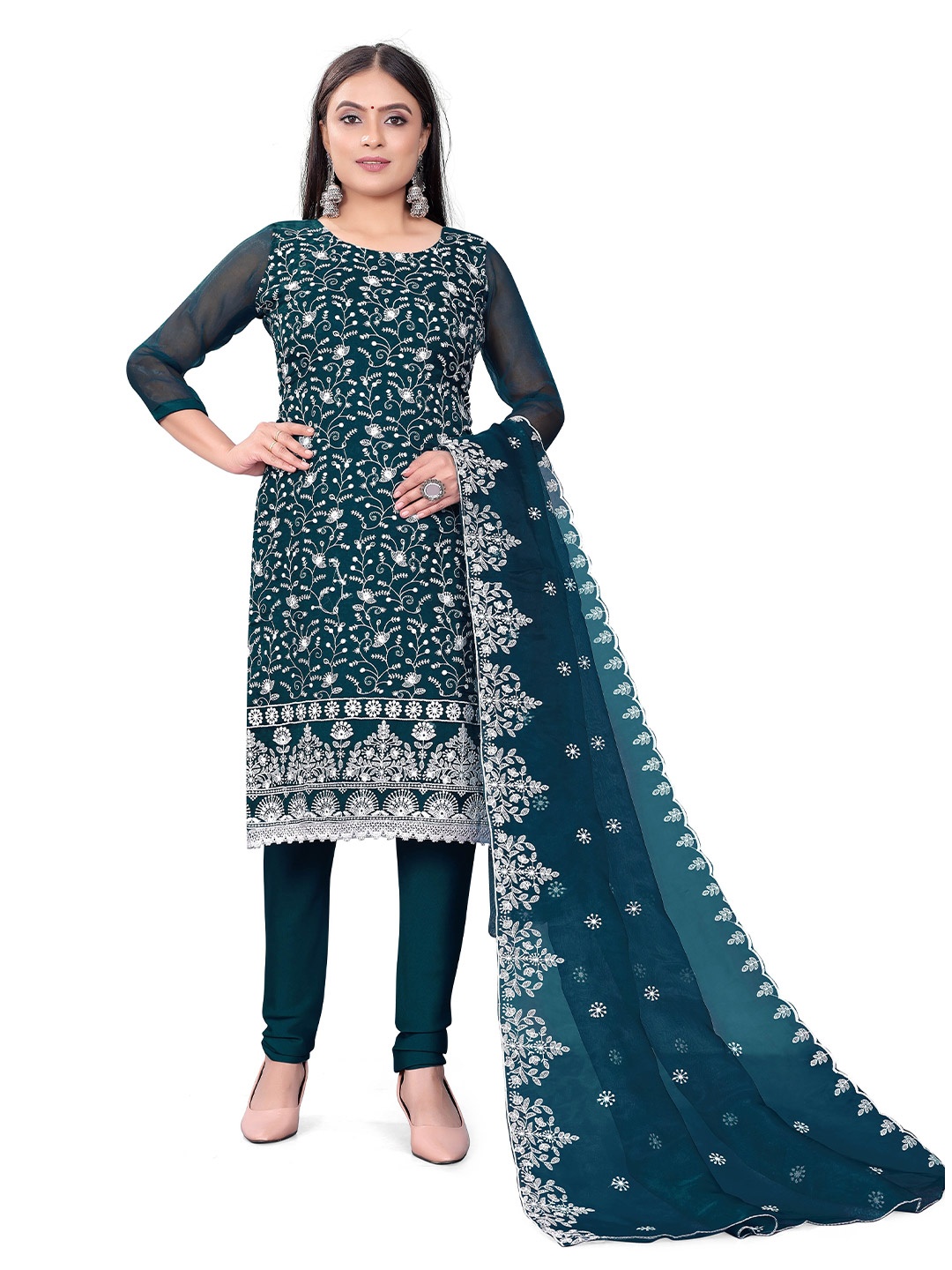 

MANVAA Ethnic Motifs Embroidered Unstitched Dress Material, Teal