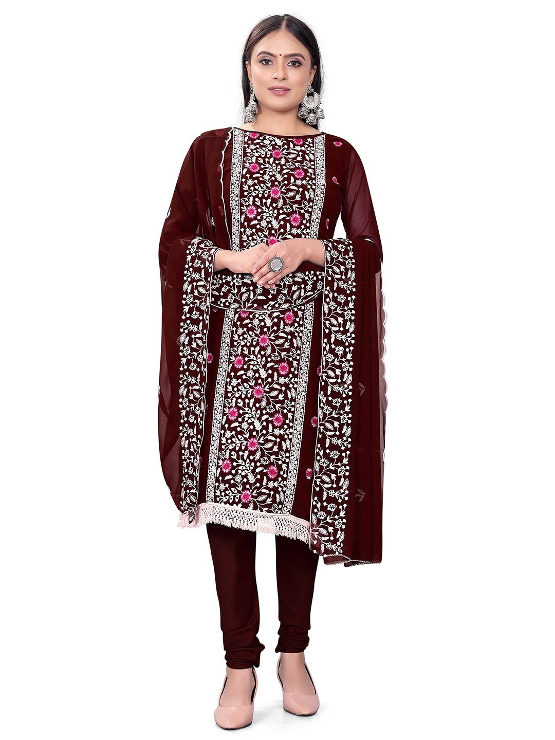

MANVAA Floral Embroidered Silk Georgette Unstitched Dress Material, Magenta