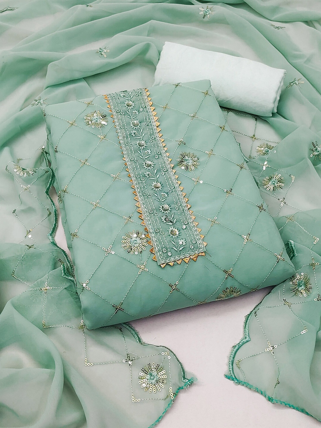 

MANVAA Embellished Sequinned Silk Georgette Unstitched Dress Material, Sea green
