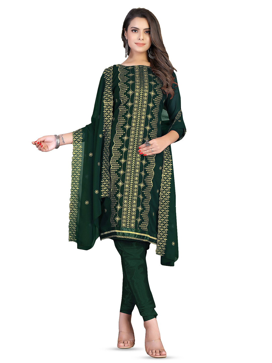 

MANVAA Ethnic Motifs Embroidered Unstitched Dress Material, Green