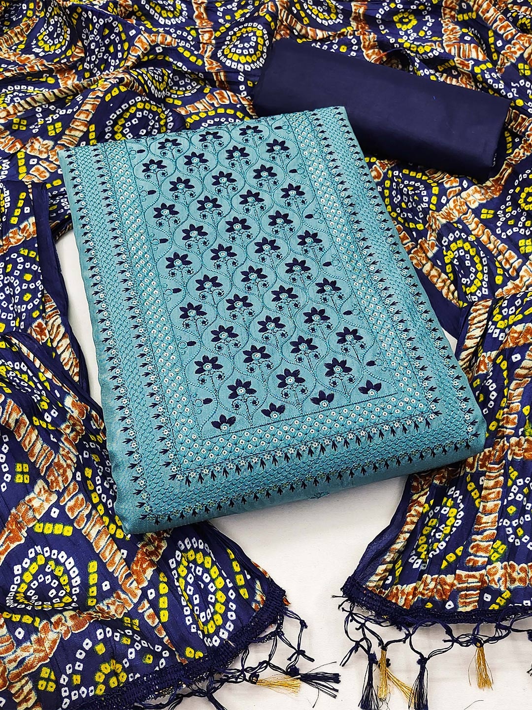 

MANVAA Ethnic Motifs Embroidered Unstitched Dress Material, Blue