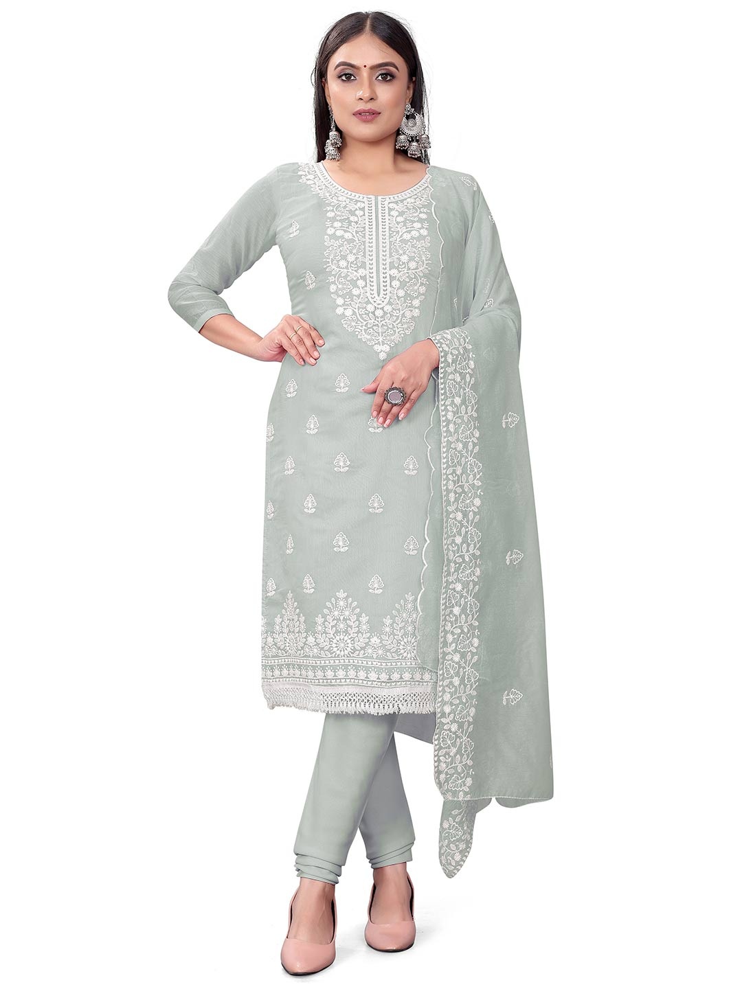 

MANVAA Embroidered Chanderi Cotton Unstitched Dress Material, Grey