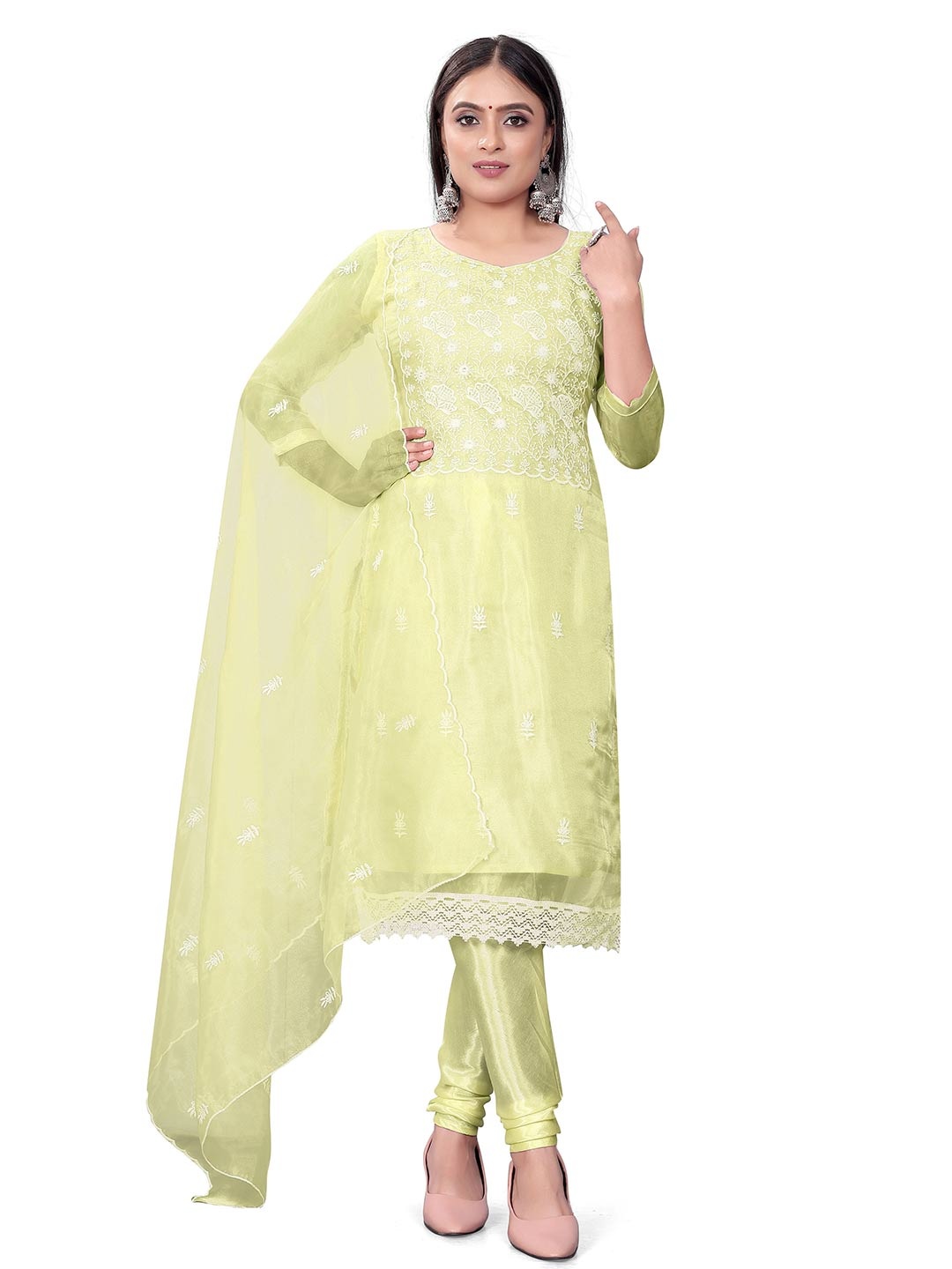 

MANVAA Floral Embroidered Organza Unstitched Dress Material, Yellow